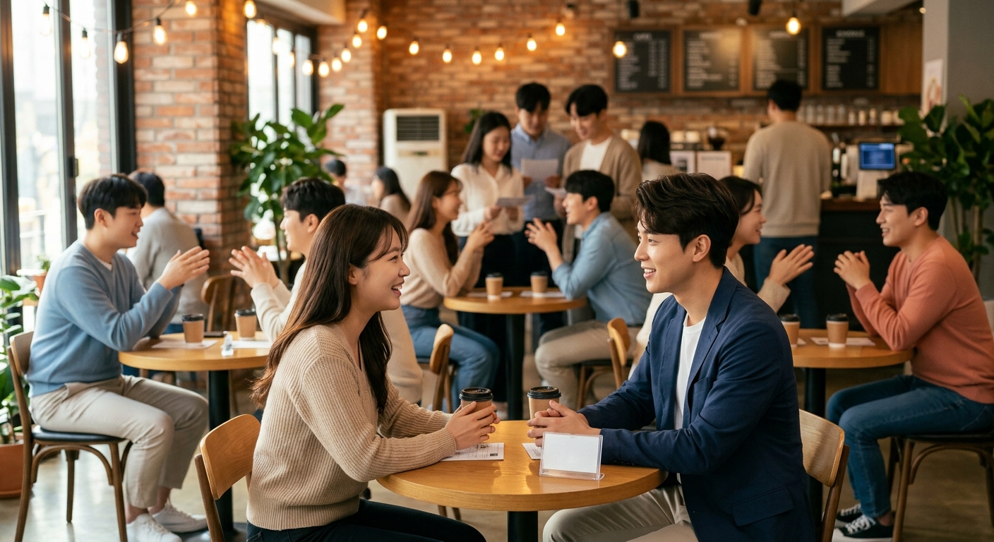 소개팅 행사 후 지친 표정으로 메모를 정리하는 젊은 참가자의 모습