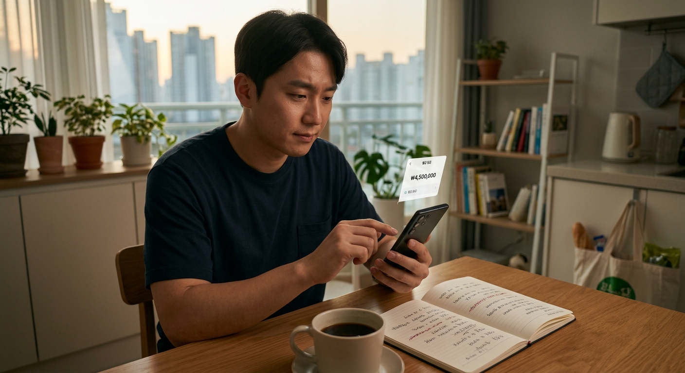 초기 직장인이 재무 계획표를 보며 미래 자산 목표를 세우는 장면