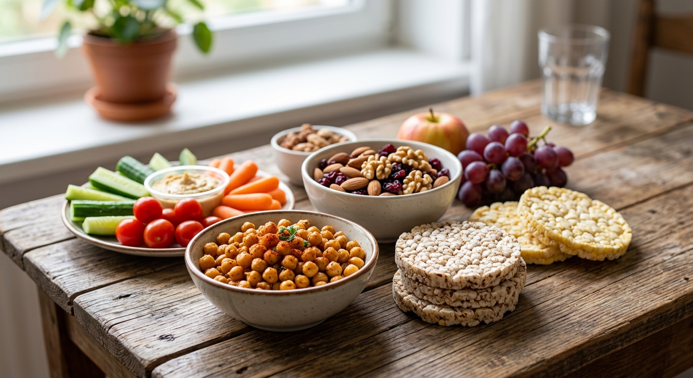 볶은 귀리와 무염 견과류, 표고버섯 칩이 담긴 접시