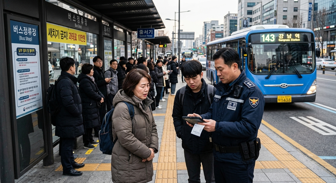 공공장소 질서 위반 후 안내문과 납부 절차를 확인하는 모습