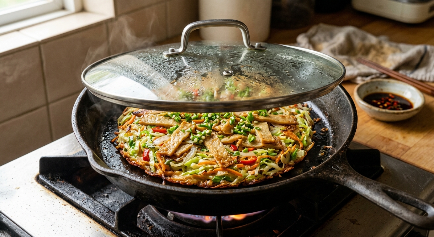 팬 위에서 뚜껑을 덮고 노릇하게 익어가는 양배추전 모습