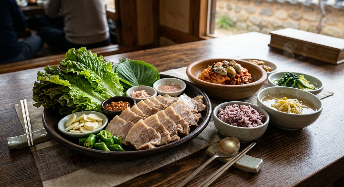 단백질과 발효식품, 채소가 조화된 보쌈 식단의 건강한 한 상