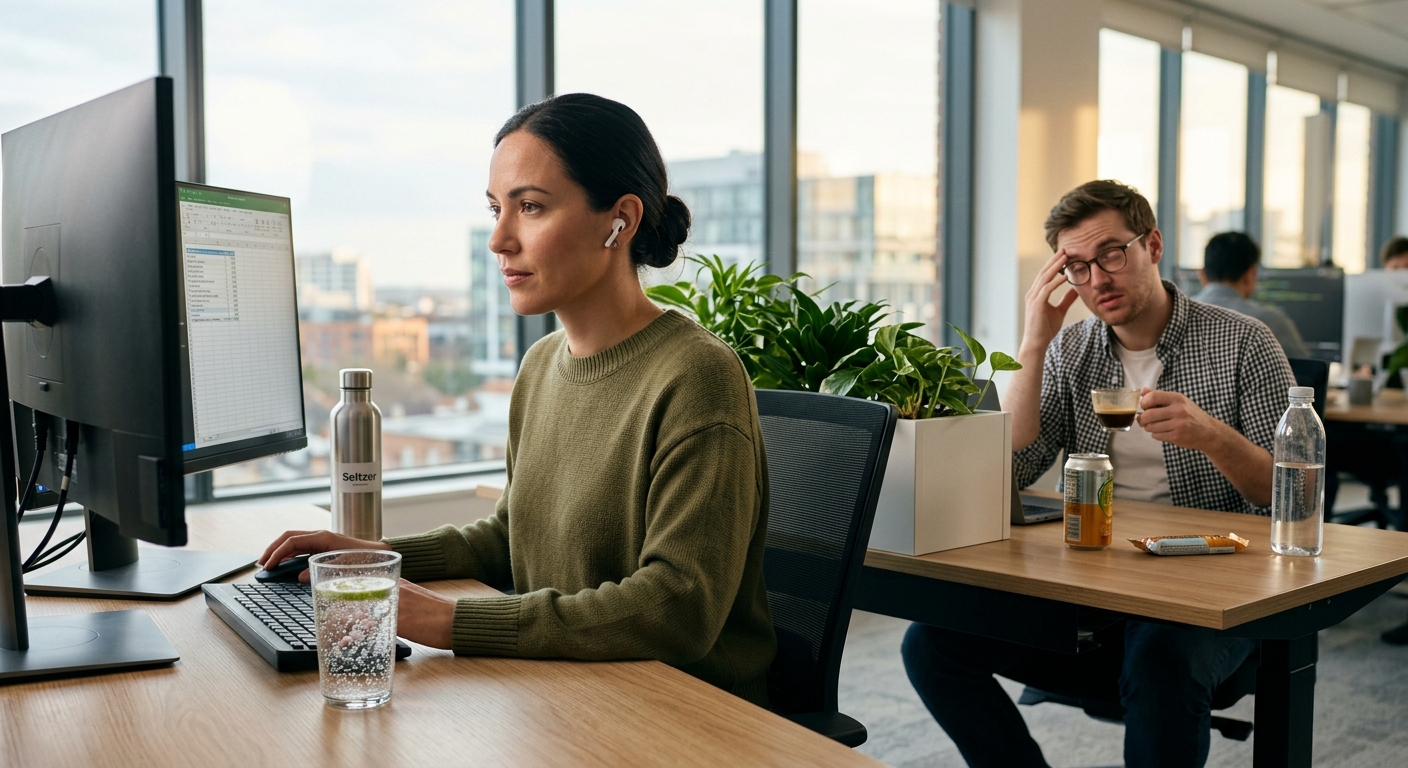 노트북과 메모장 옆에 탄산수 병과 컵이 놓인 업무 공간