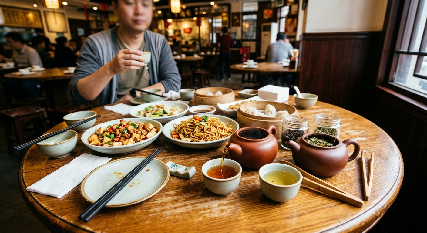 중국음식과 함께 나온 생양파와 단무지 접시 사진
