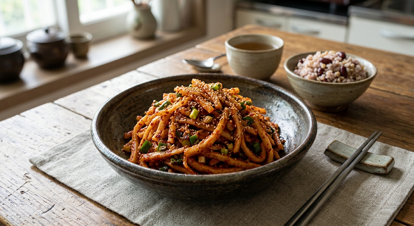 고춧가루 양념으로 버무린 무말랭이 무침을 젓가락으로 집는 장면