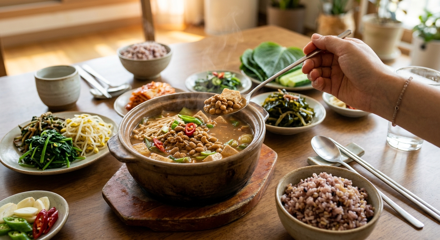 두부와 채소를 넣어 끓인 담백한 청국장찌개