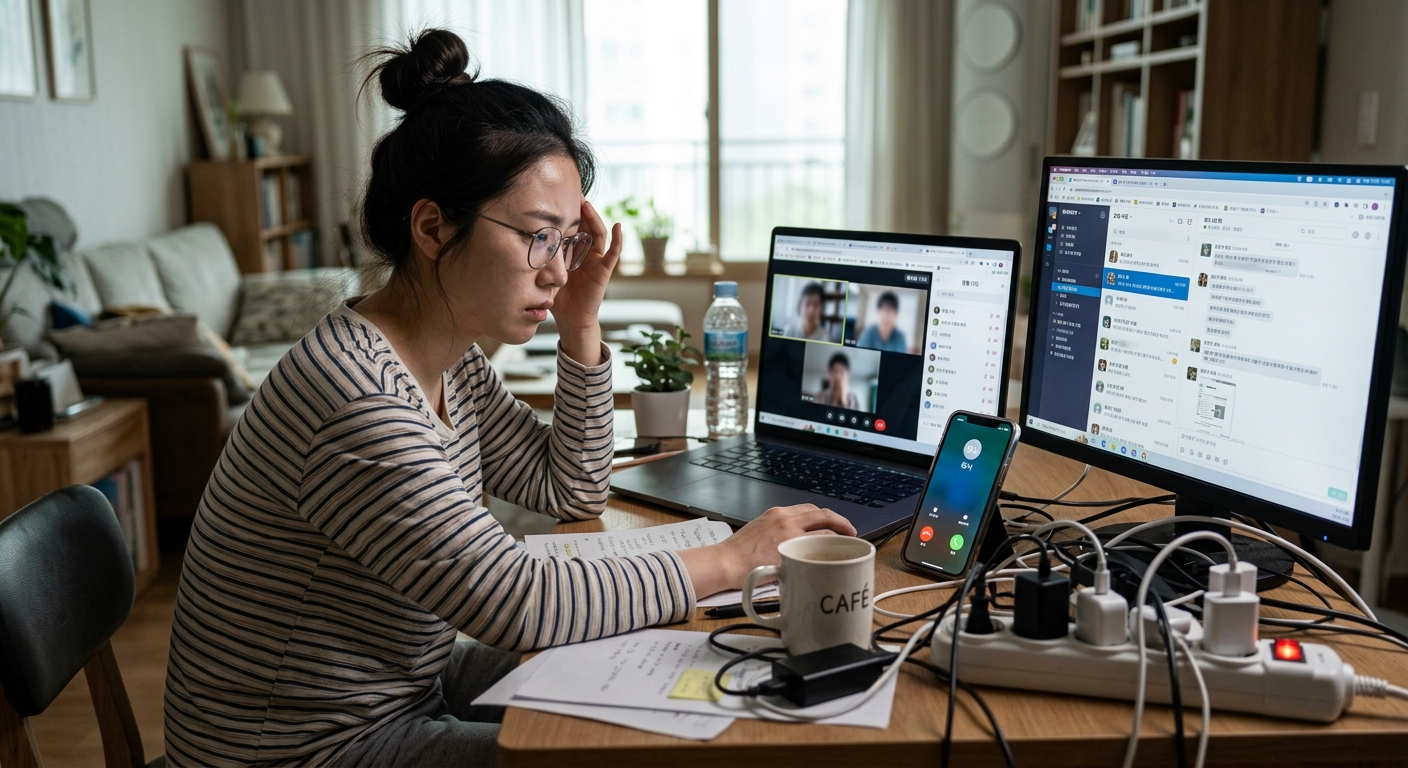 스마트폰 알림이 연달아 뜨는 화면을 바라보는 사람