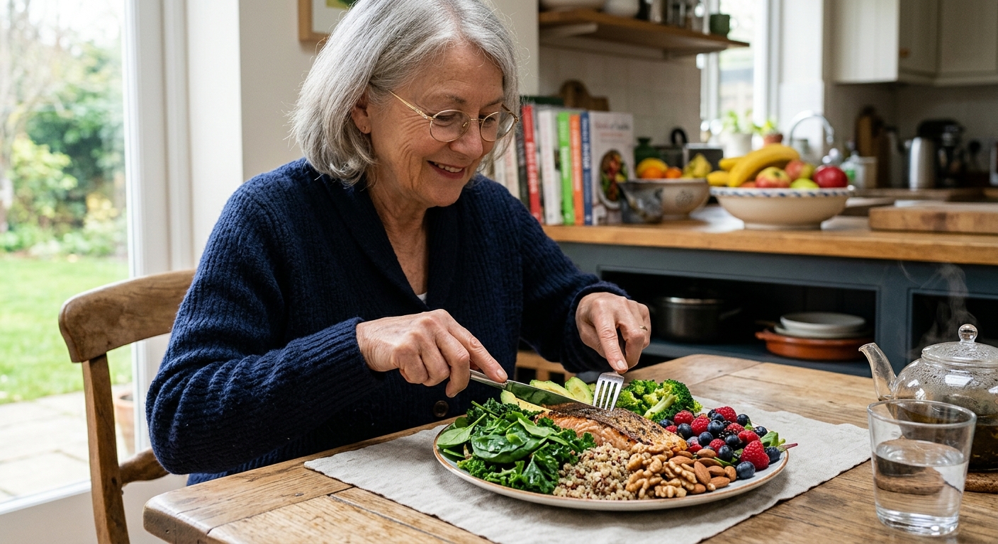 생선, 채소, 견과류, 과일이 담긴 균형 잡힌 건강식 한 상