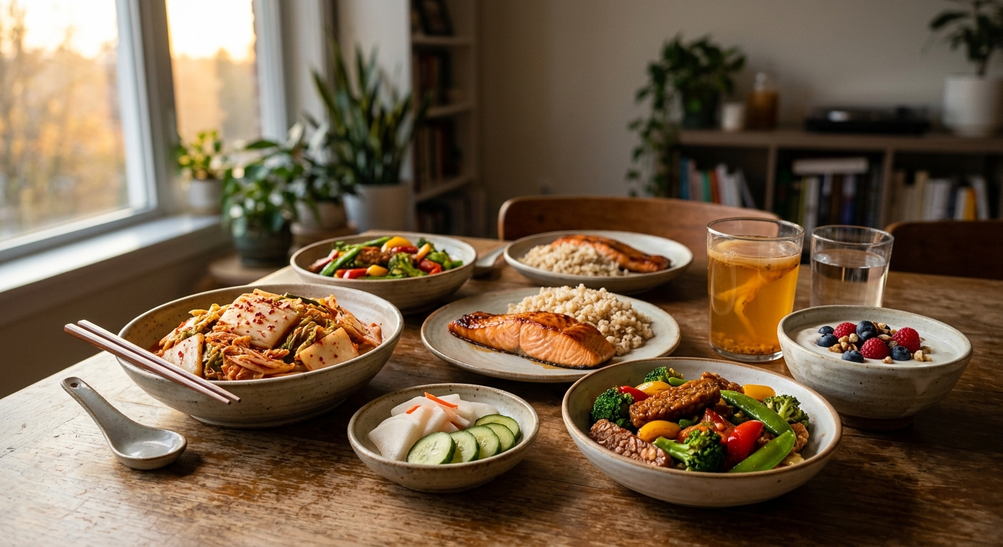 김치와 된장찌개가 포함된 한국형 발효식품 저녁 식탁