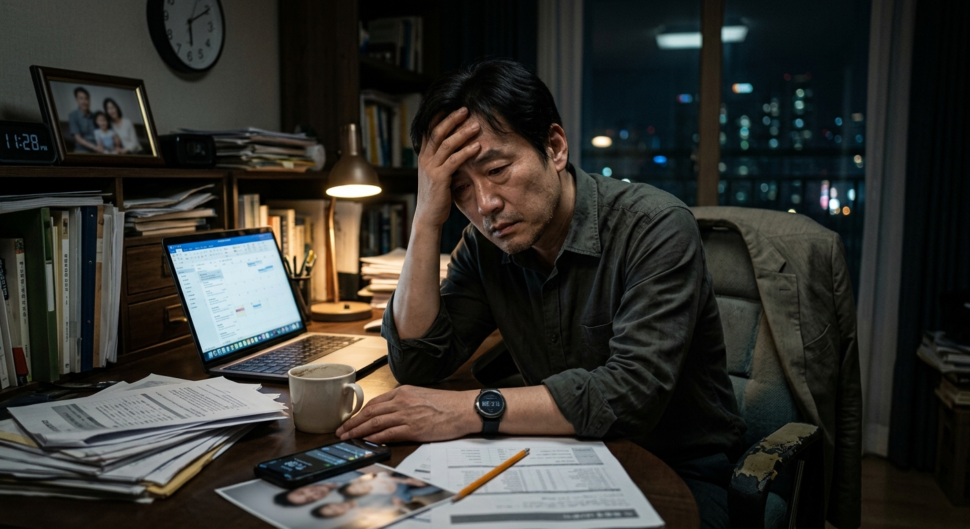 소파에 앉아 피곤하고 무기력한 표정을 짓는 중년 남녀