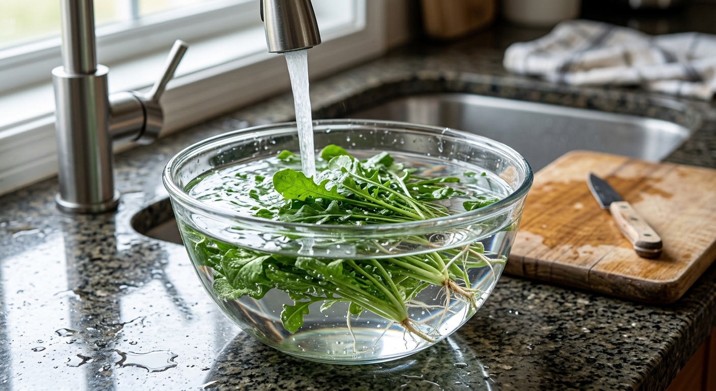 깨끗한 물에 냉이를 다시 담가 이중 헹굼하는 장면
