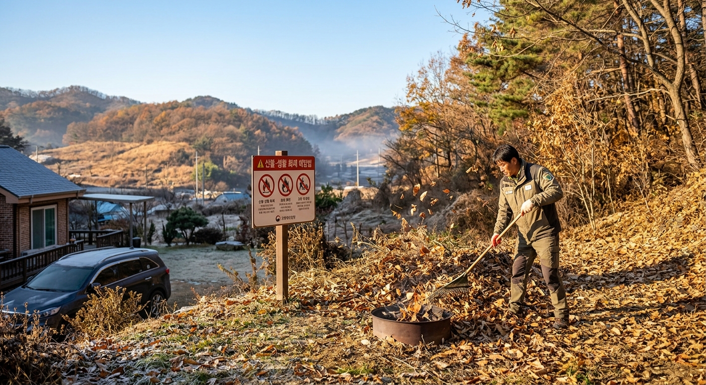 건조한 숲과 강한 바람 속 화재 예방이 필요한 봄철 풍경