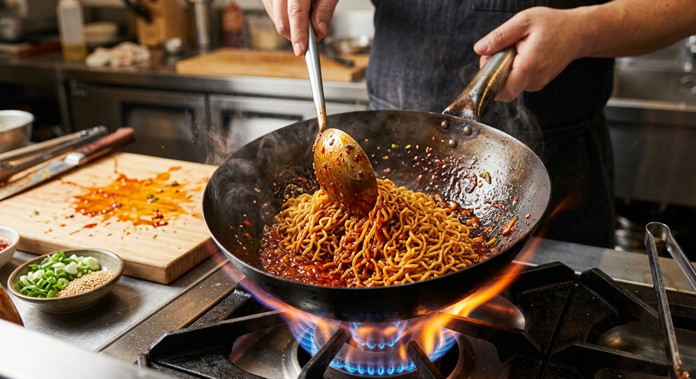 팬에서 면과 소스를 빠르게 섞어 코팅하는 볶음 비빔라면 조리 장면