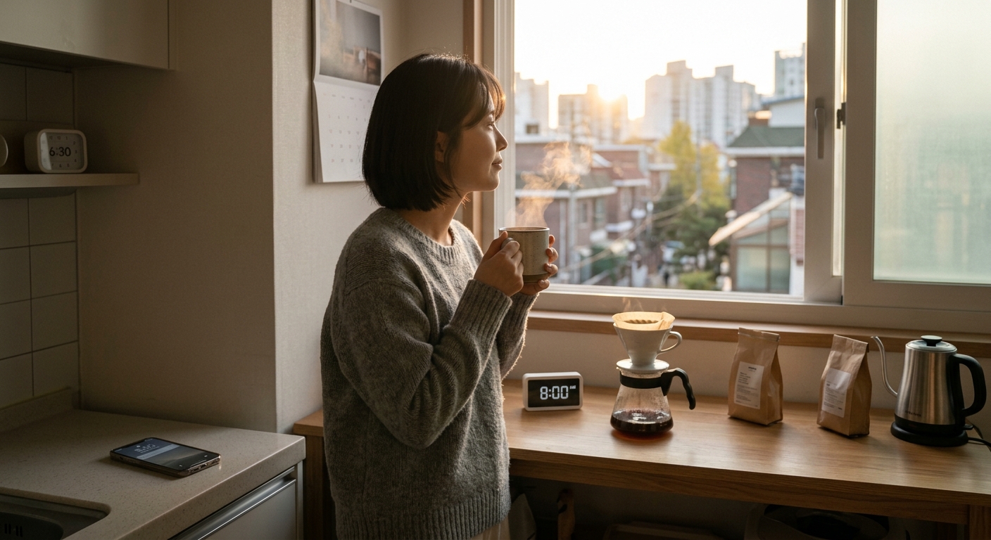 커피잔 옆에 물컵이 함께 놓인 아침 식탁 모습