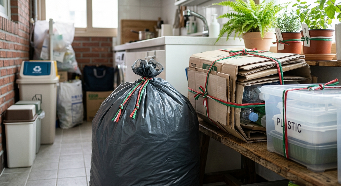 봉투 입구를 비틀어 시금치 끈으로 묶은 생활 쓰레기 정리 장면