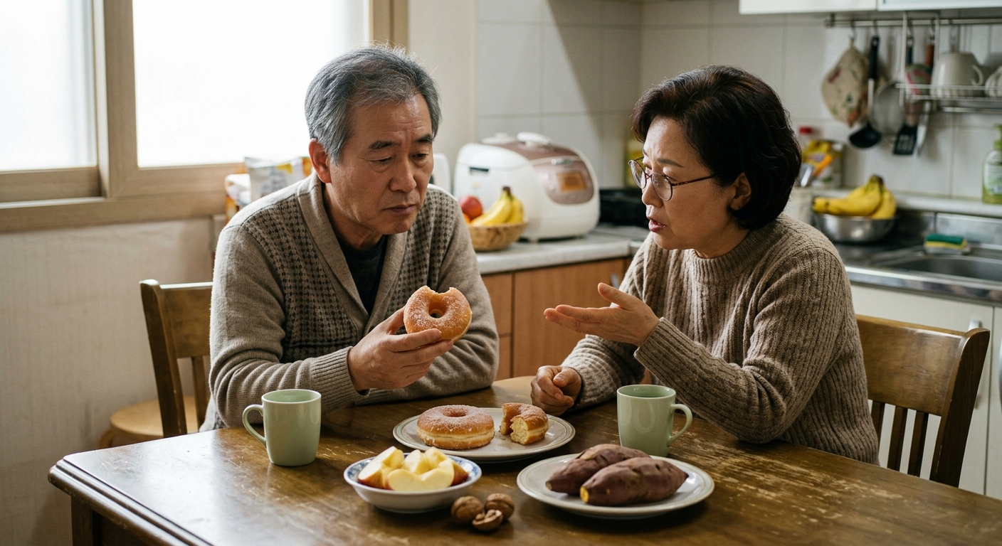 중장년 부부가 건강한 간식을 고르는 모습