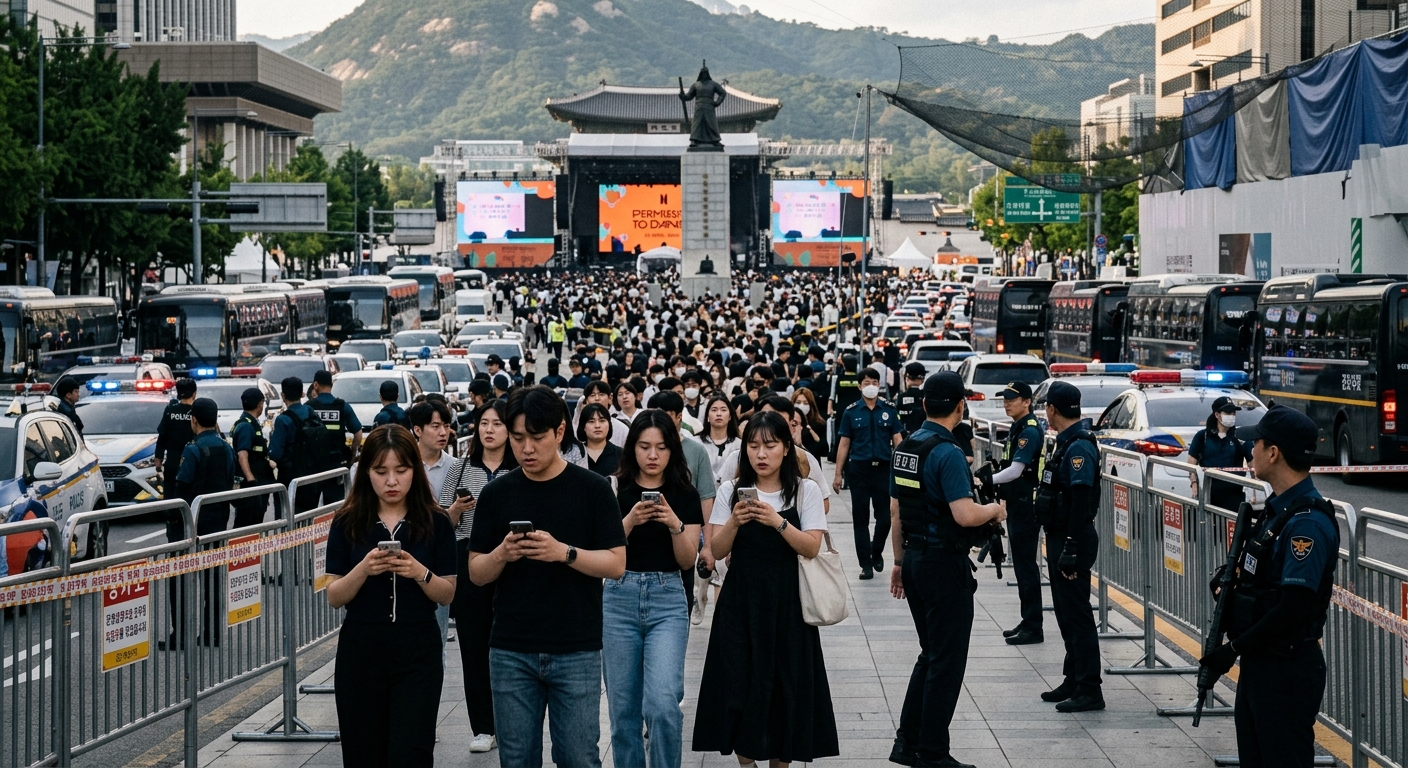 행사 당일 광화문 인근에서 대중교통과 보행 동선을 확인하는 시민들