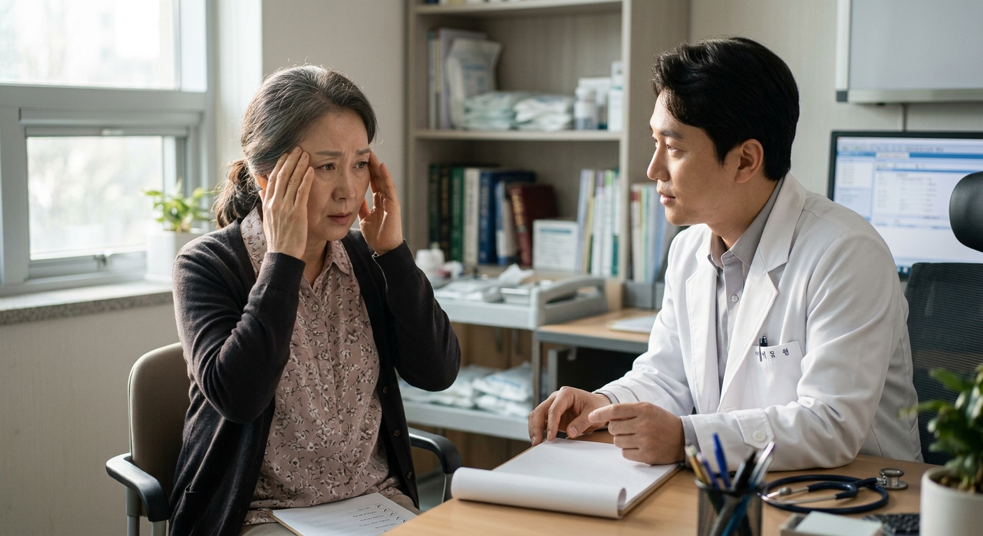 메모를 보며 혼란스러워하는 중장년층의 모습