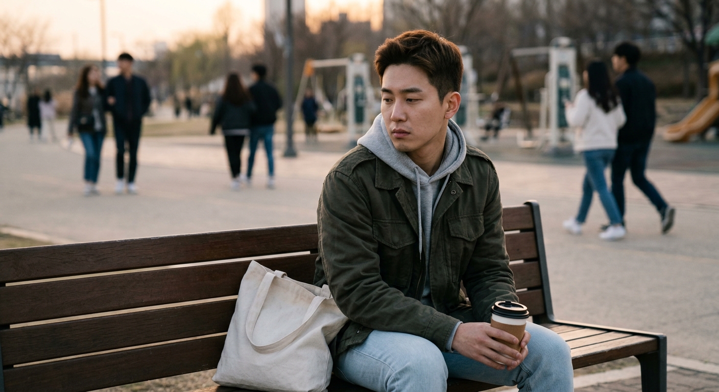 도시 배경 속에서 사회적 압박과 경쟁을 체감하는 20대 남성의 현실적인 모습