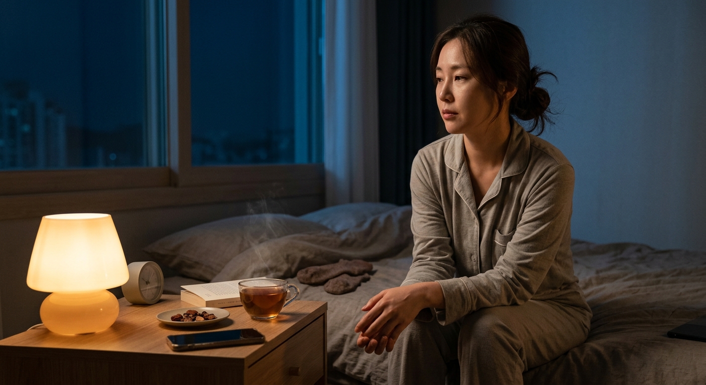 조명을 낮춘 침실에서 휴대폰 대신 차를 마시는 저녁 습관