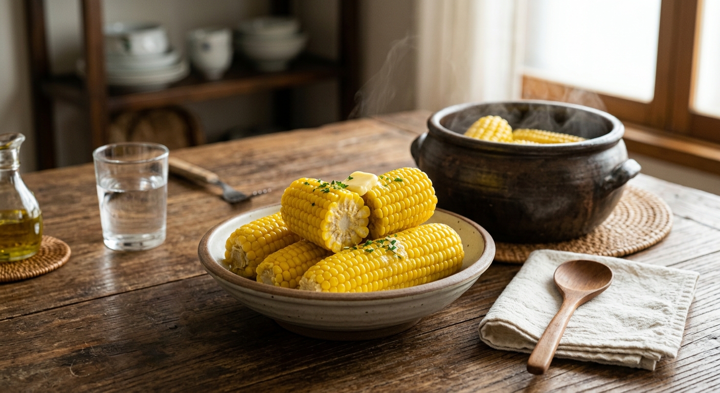 김이 오르는 찐 옥수수가 접시에 담긴 모습