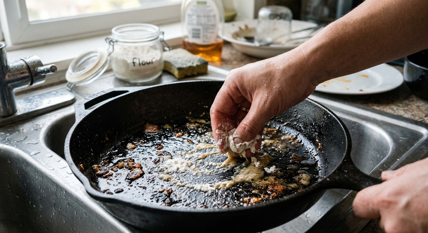 기름을 먼저 닦아낸 뒤 세제로 팬을 깨끗하게 씻는 모습