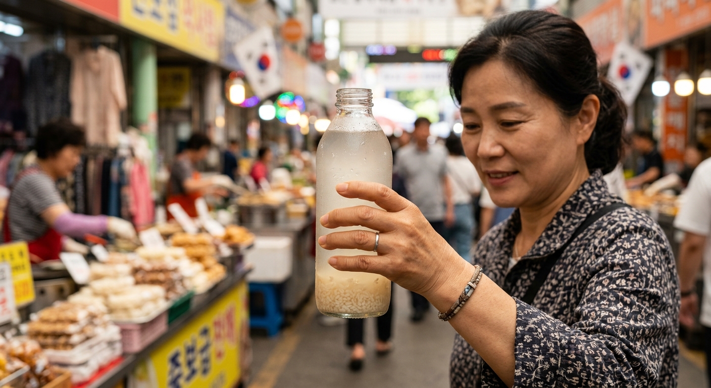 유리잔에 담긴 식혜와 밥알이 보이는 전통 음료 사진