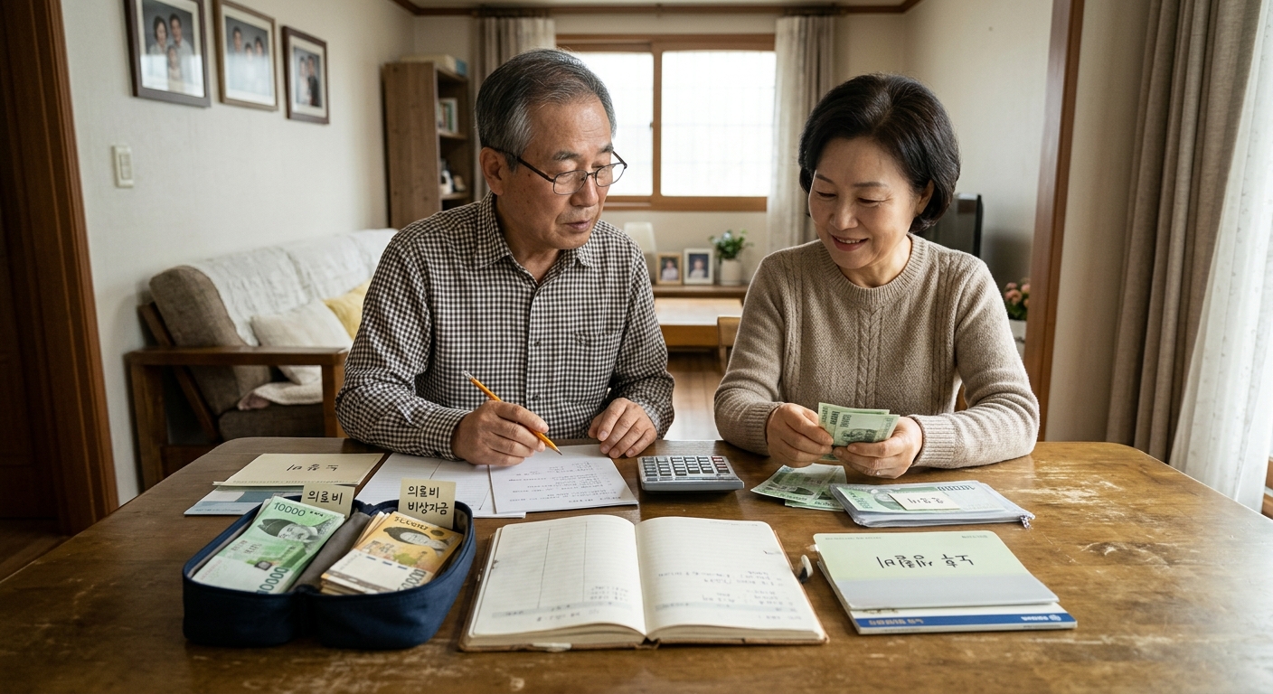 병원 영수증과 비상금 통장을 함께 확인하는 60대 부부의 손