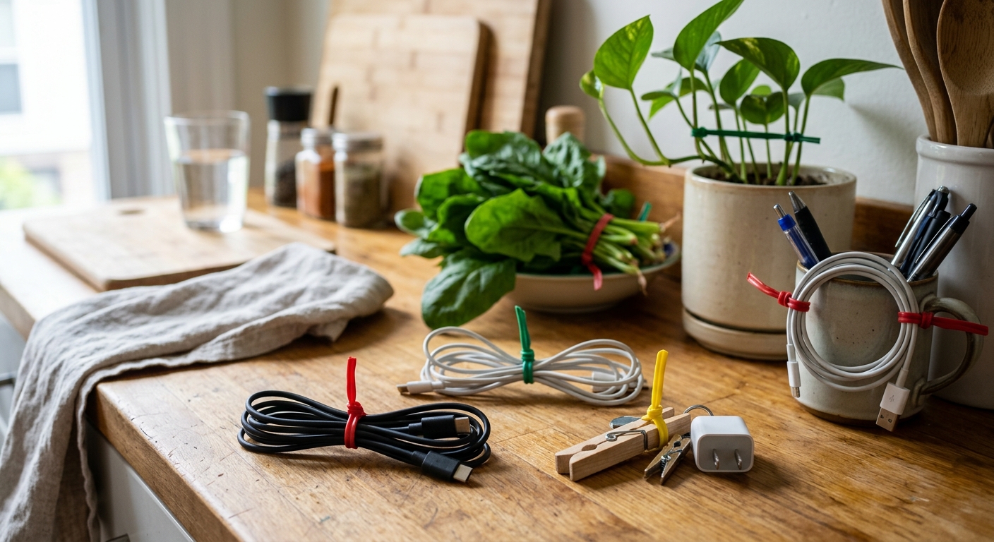 작은 쓰레기봉투와 비닐 묶음을 시금치 끈으로 정리한 모습