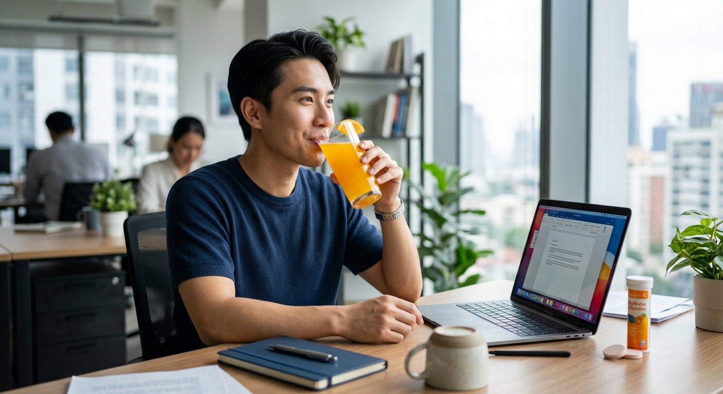 레몬차와 과일, 견과류가 놓인 건강한 오후 간식 장면