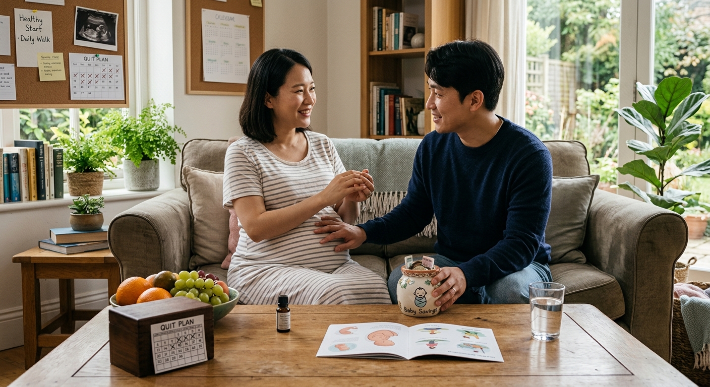 의료 차트를 보며 자녀 발달과 생활습관 위험요인을 상담하는 장면