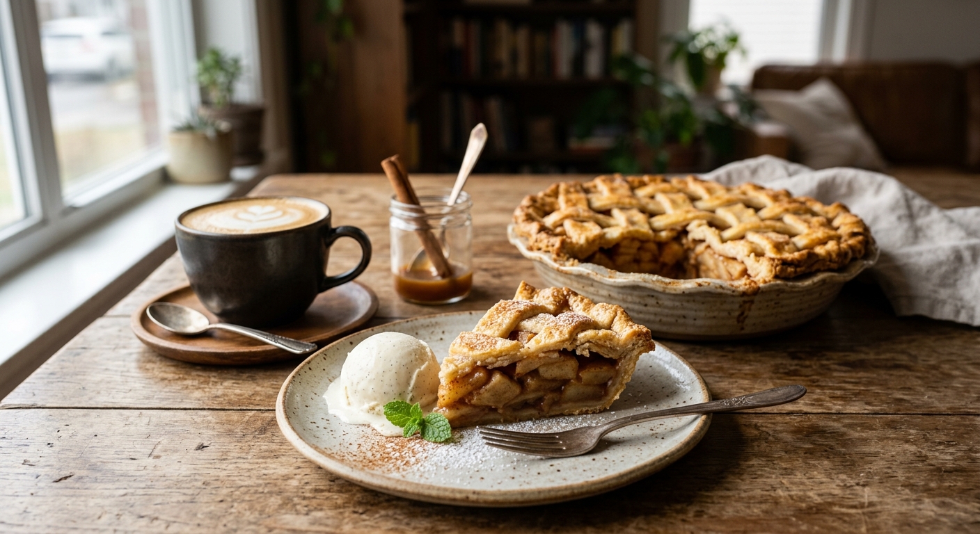 사과파이 한 조각 위에 바닐라 아이스크림을 올린 홈카페 플레이팅