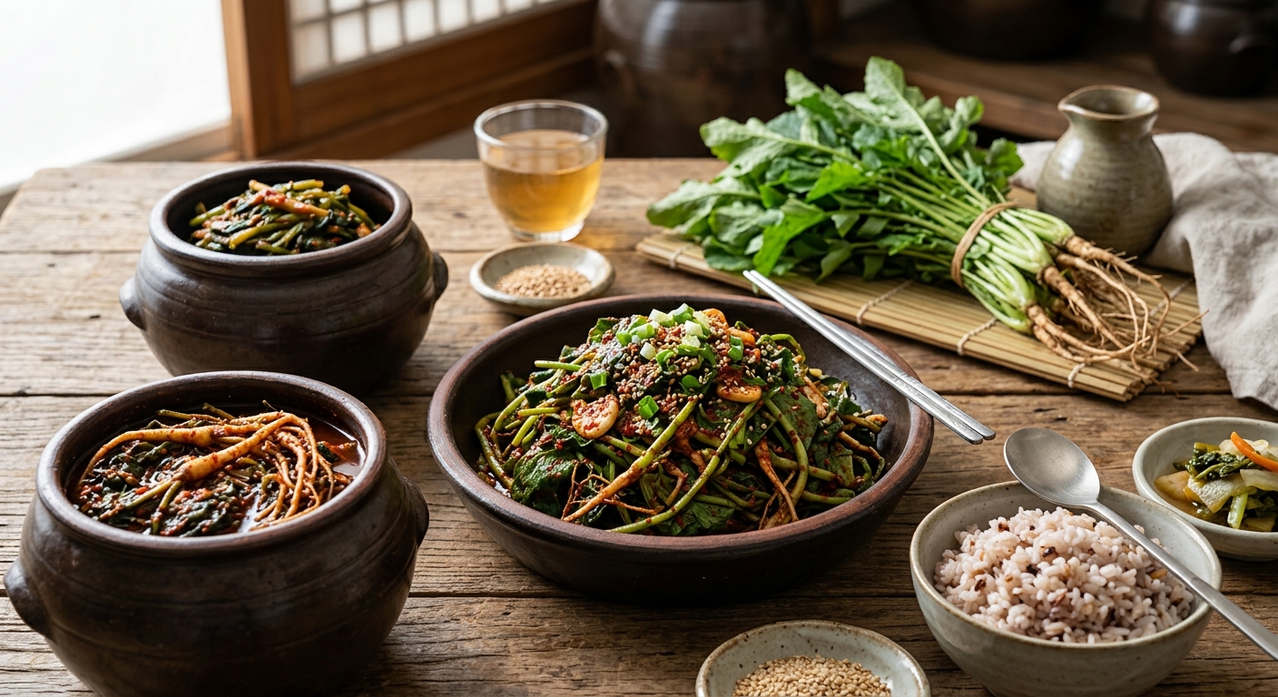 양념에 버무린 고들빼기 무침과 발효된 고들빼기 김치
