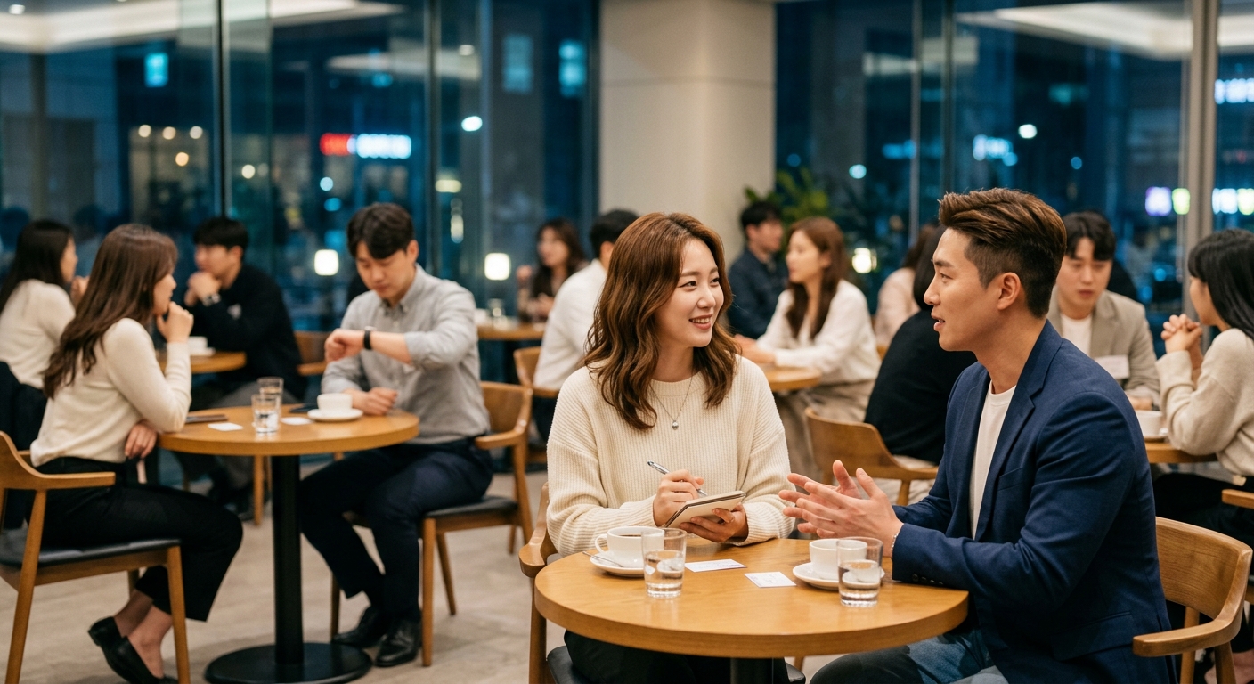 첫 만남 이후 다시 카페에서 편안하게 대화하는 남녀의 자연스러운 모습