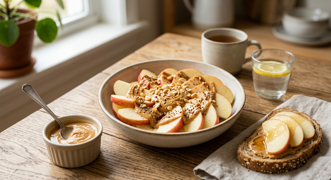 적정량으로 준비한 사과와 땅콩버터 아침 식사