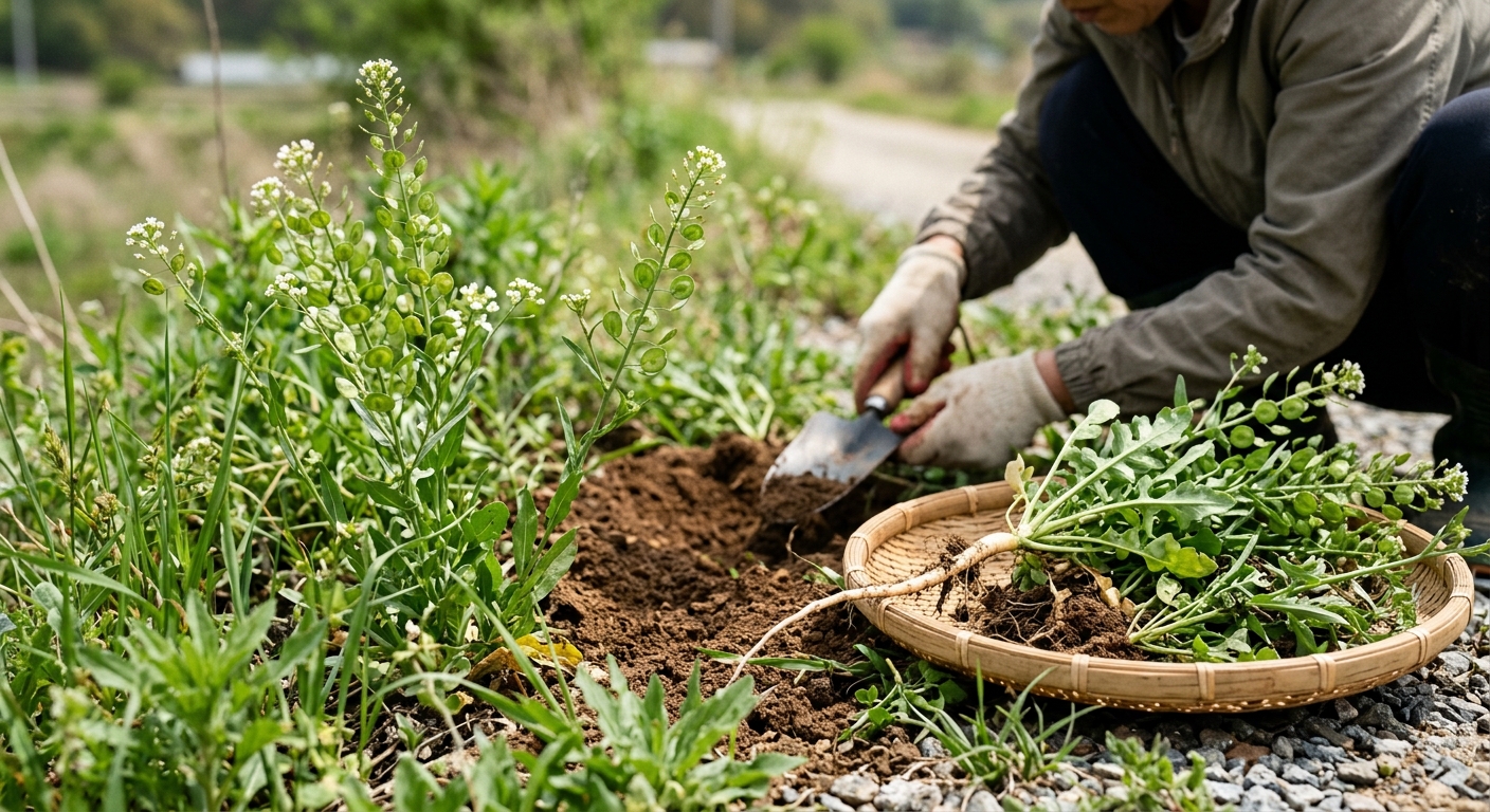 말냉이 줄기에 납작한 둥근 열매가 다닥다닥 맺힌 모습