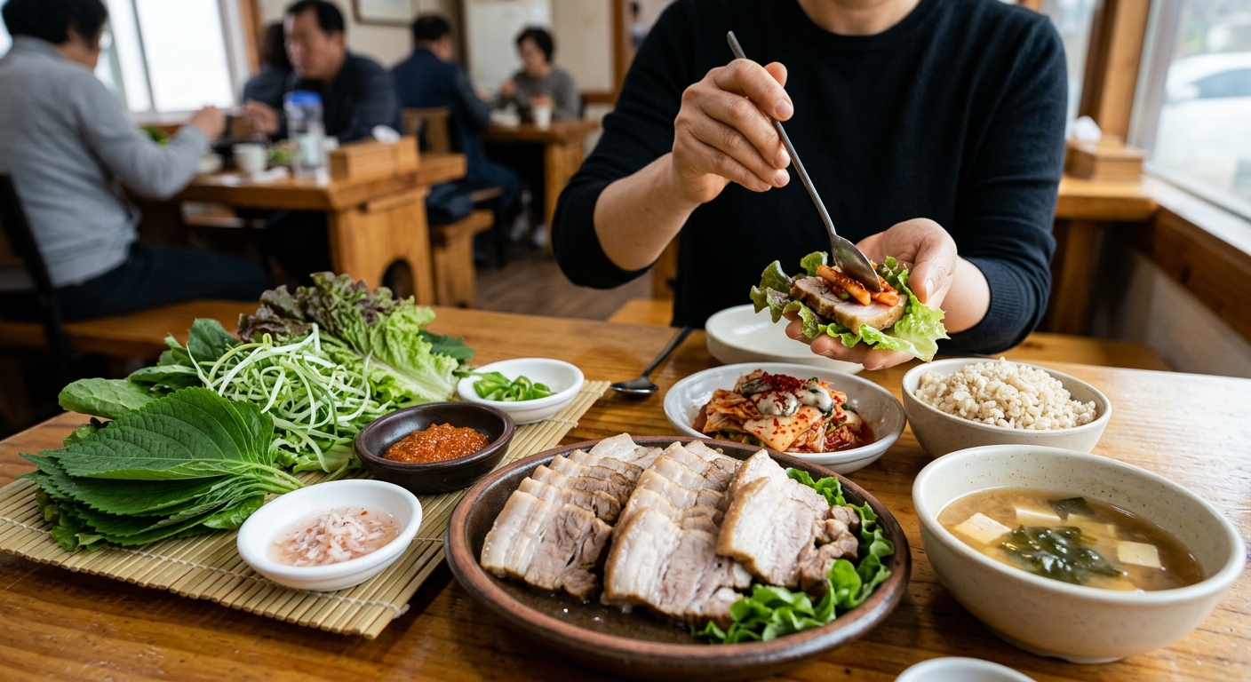 살코기 위주 보쌈과 적은 양의 양념, 넉넉한 채소로 구성된 건강식