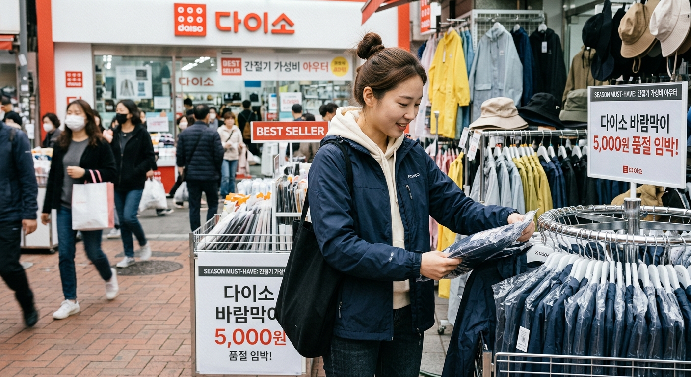 여러 색상과 사이즈로 진열된 간절기용 나일론 바람막이