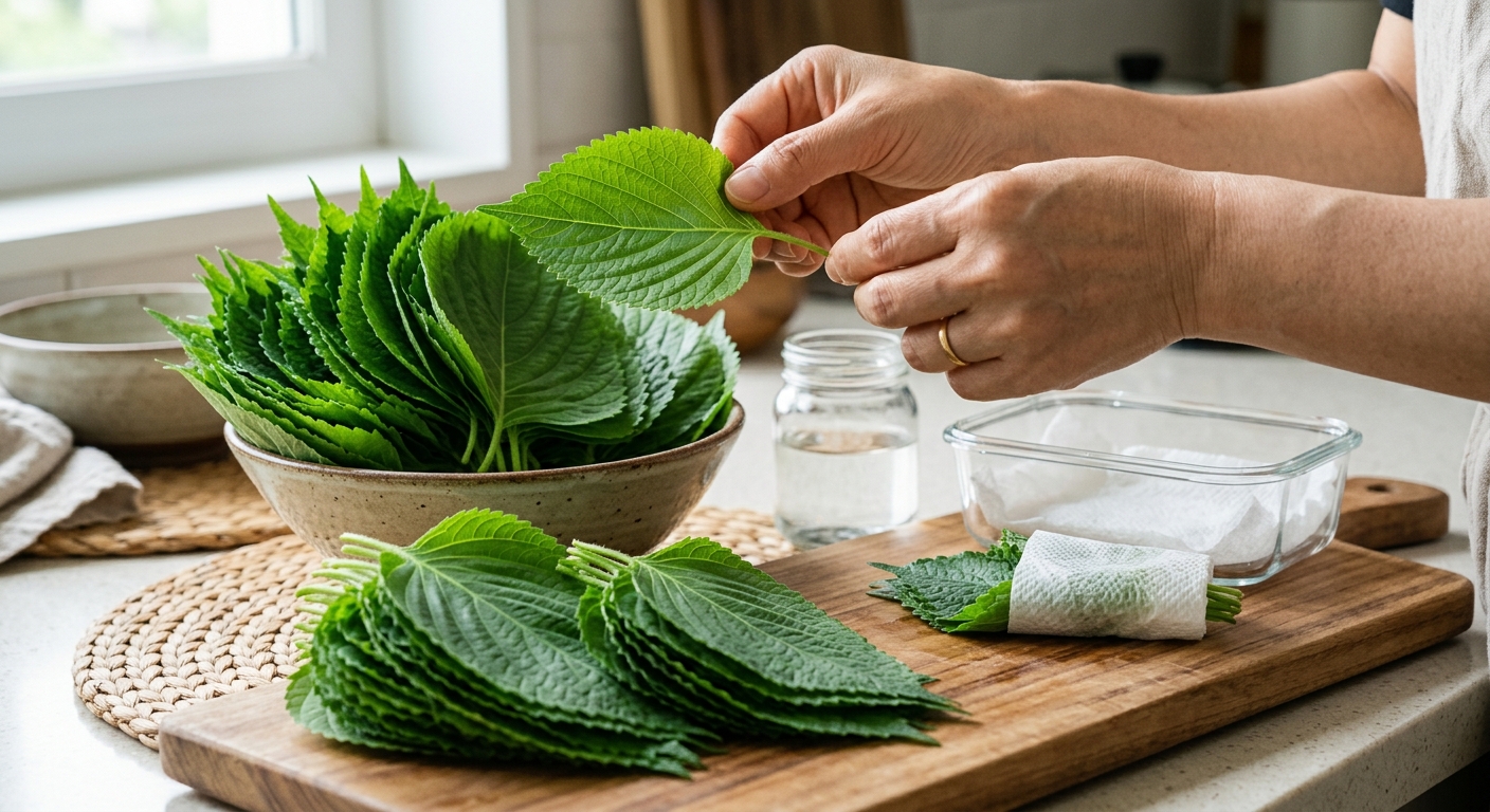 선명한 초록빛의 신선한 깻잎을 고르는 모습
