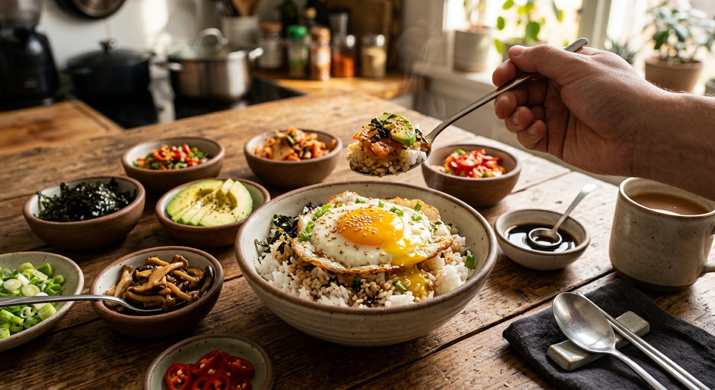 프라이한 계란을 따뜻한 밥 위에 올려 만드는 기본 계란밥 과정