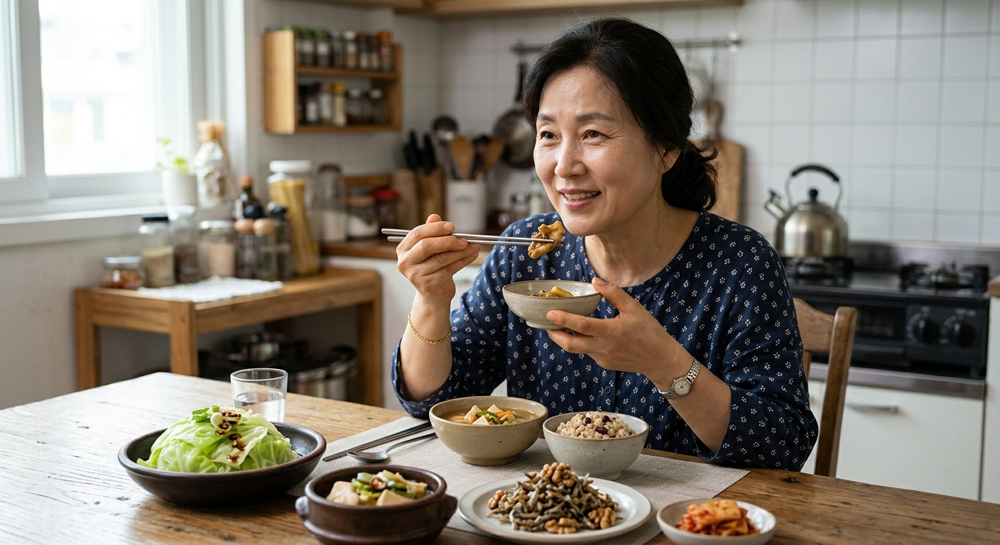 소분한 양배추와 간단한 양념장이 준비된 주방 식탁 모습