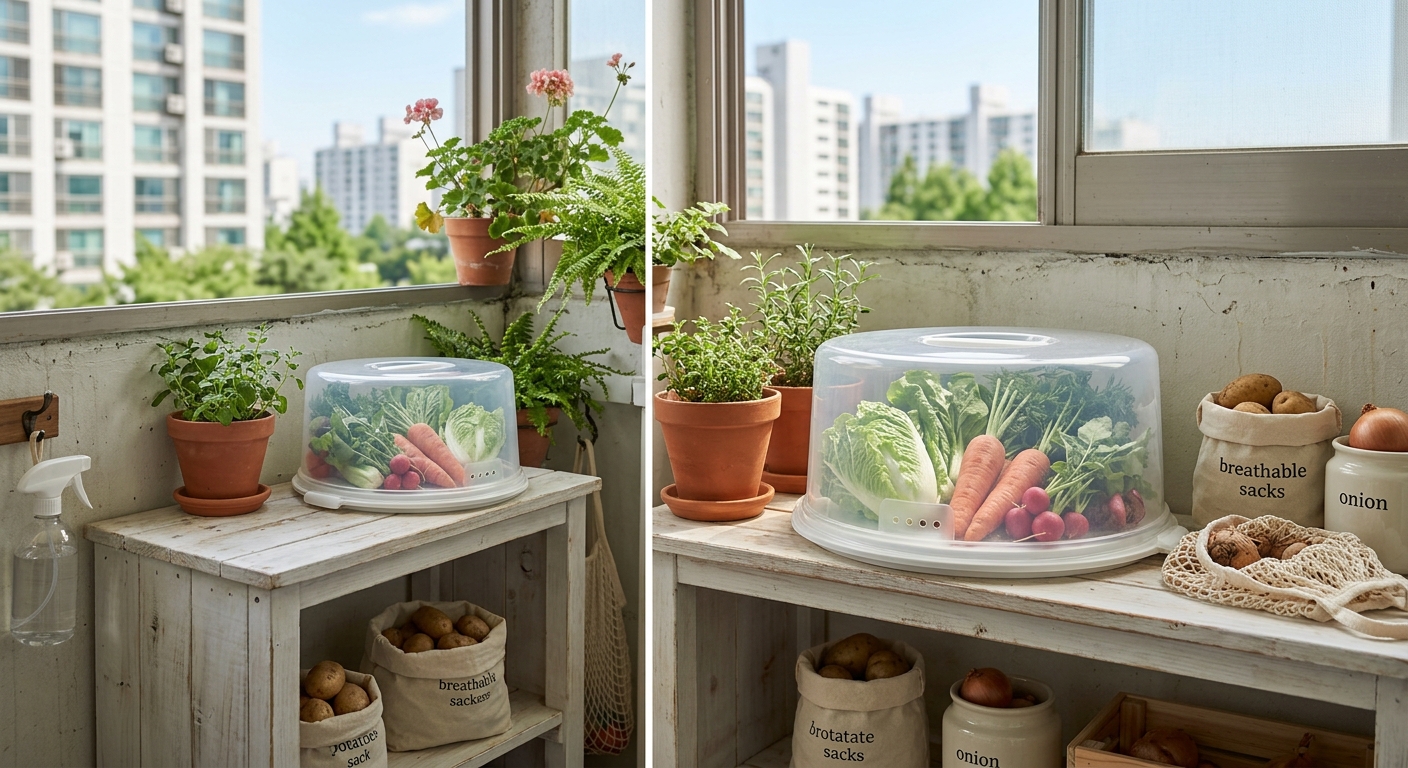 베란다 그늘진 선반에 케이크 상자 채소 보관함을 올려둔 정리된 모습