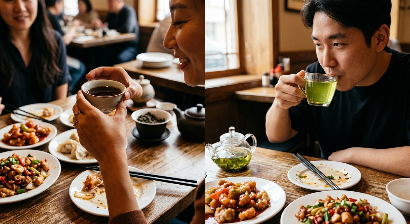 식사 후 따뜻한 차를 천천히 마시는 장면 사진