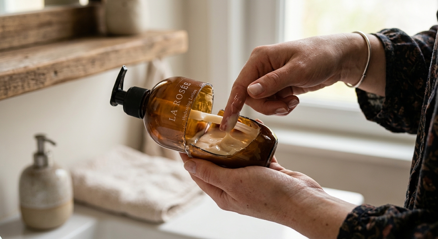 랩과 고무줄로 밀봉한 로션통이 컵 안에 뒤집혀 세워진 장면