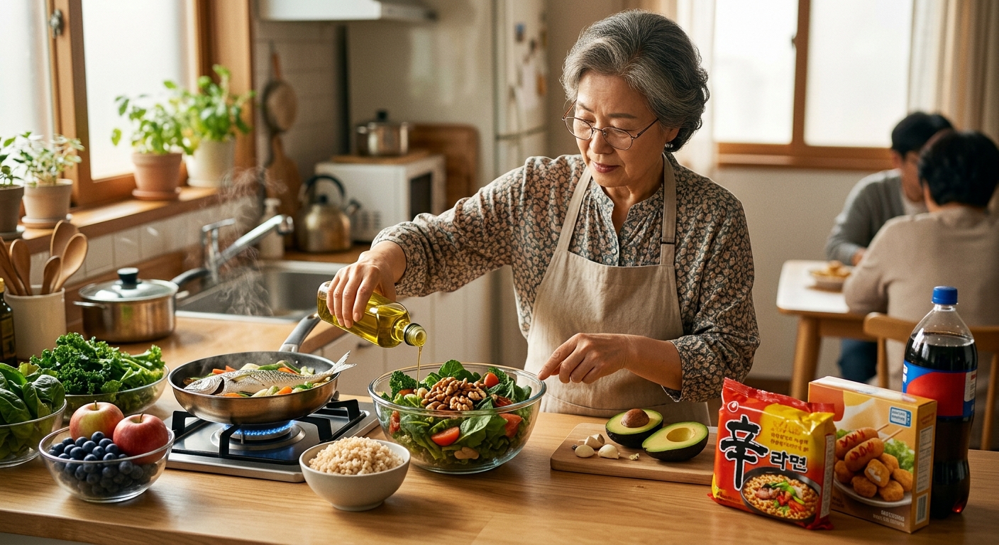 물병, 견과류, 채소 반찬이 놓인 실천형 건강 식단 준비 장면