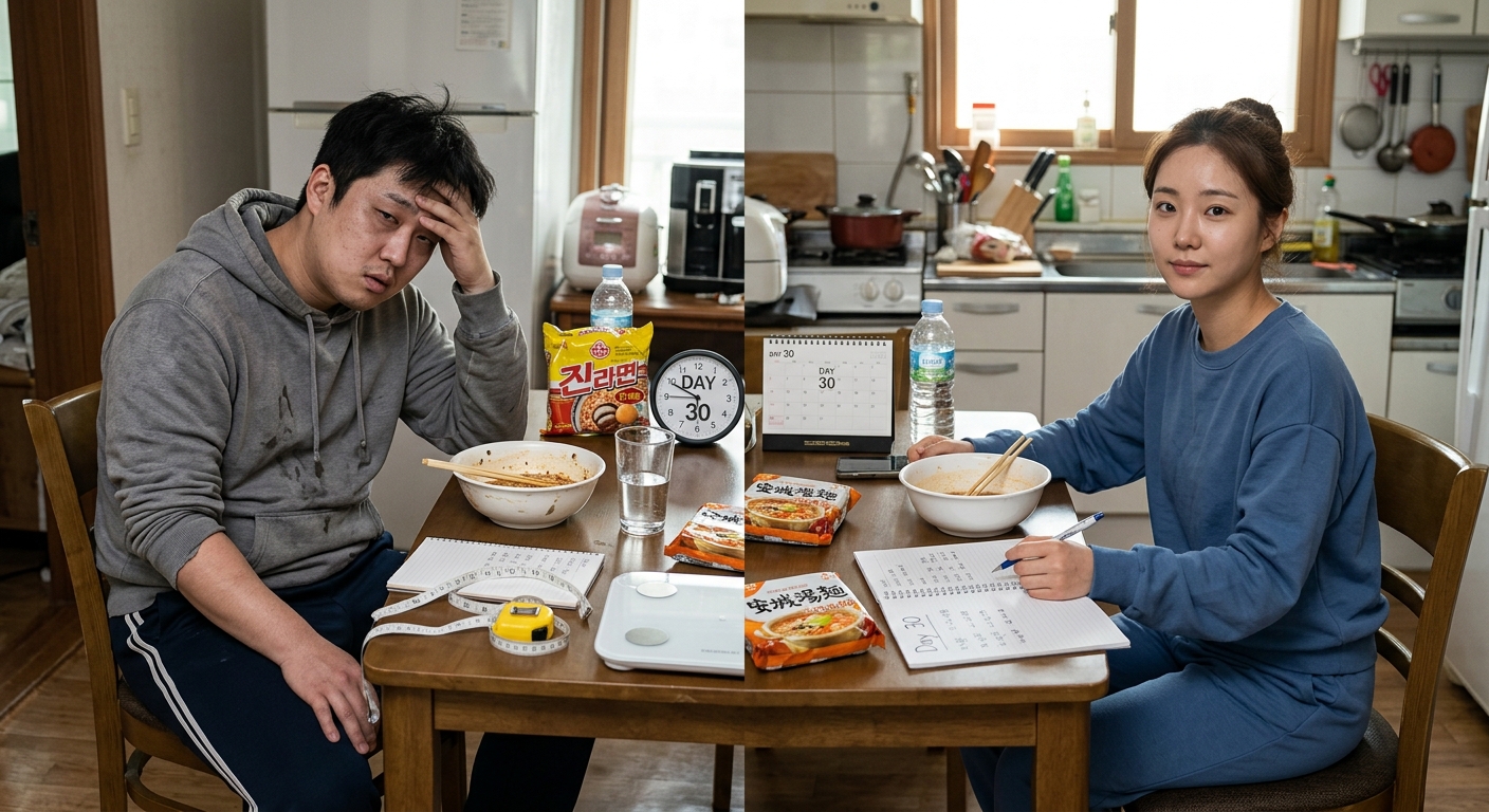 남성과 여성이 각자 체중계를 바라보며 다른 반응을 보이는 장면