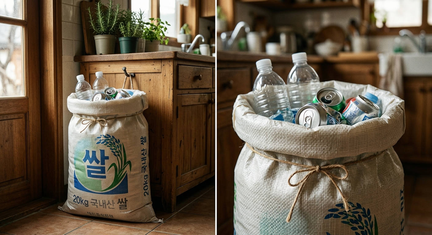 찢지 않고 연 쌀포대를 베란다와 생활 정리 용도로 재활용하는 장면