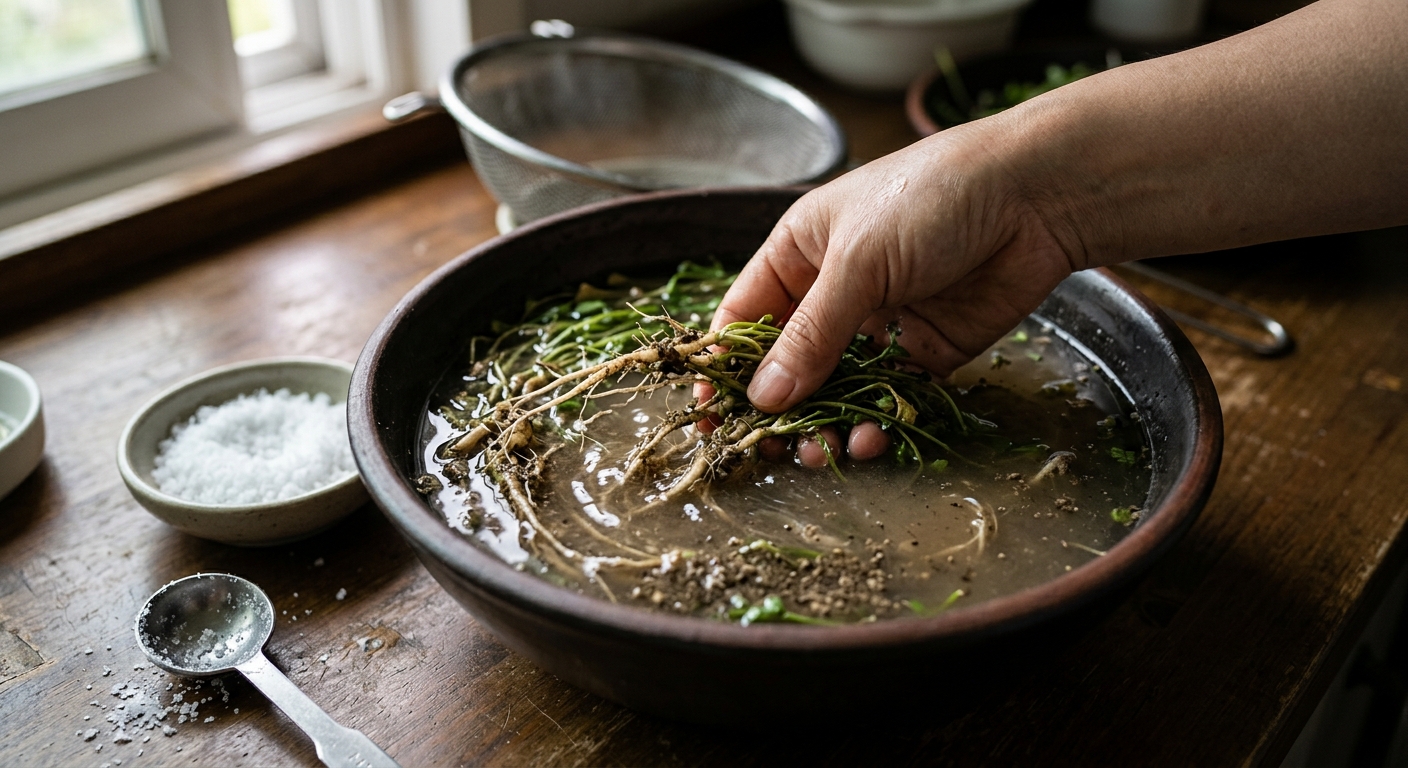 소금물을 푼 볼에 냉이를 담가두는 모습