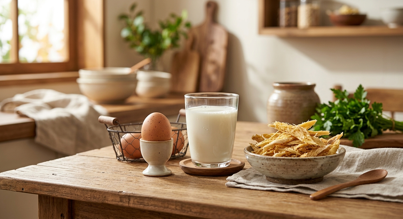 계란과 우유, 황태가 나란히 놓인 아침 단백질 식품 비교 장면