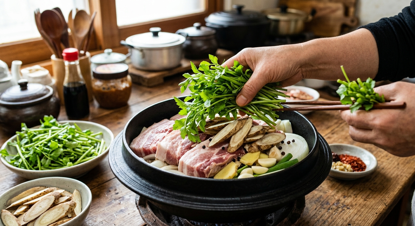 작은 소스볼에 담긴 네 가지 소스와 삼겹살말이 찜 플레이트